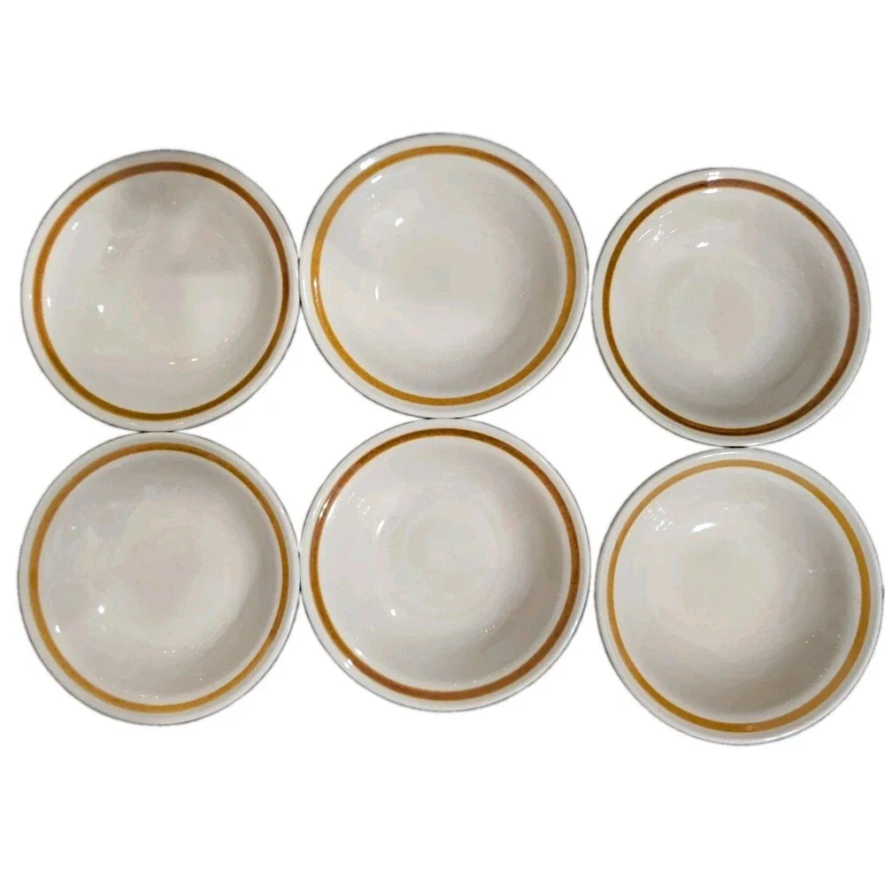 Vintage Genuine Stoneware Japan Set Of 6 Small Dessert /Salad Bowls Brown Stripe